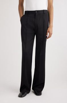 Tonal side stripes bring black-tie sophistication to these wool-kissed straight-leg pants that are perfect for any formal occasion. 34" inseam; 22" leg opening; 13" front rise; 15" back rise (size 48EU) Zip fly with hook-and-bar closure Front slant pockets; back button-welt pockets 87% viscose, 10% wool, 3% polyurethane Dry clean Imported Designer Clothing Elegant Tailored Straight Bottoms, Luxury Straight Leg Dress Pants For Semi-formal Occasions, Elegant Straight Formal Bottoms, Elegant Straight Pants For Formal Occasions, Elegant Straight Bottoms For Formal Occasions, Formal Black Wool Wide Leg Pants, Fitted Black Wool Wide Leg Pants, Elegant Straight Bottoms For Business Casual, Elegant Black Straight Bottoms