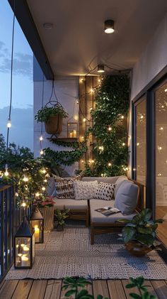 the balcony is decorated with plants and lights