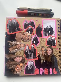 an open spiral notebook with pictures of women on it and the words april written in pink