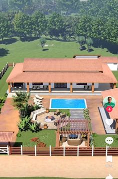 an aerial view of a house with a swimming pool