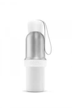 a white and silver water bottle on a white background