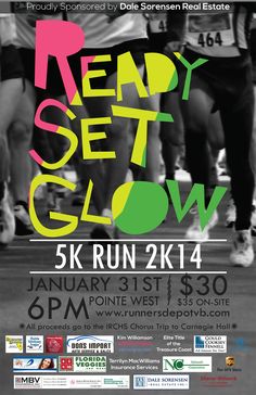 an event poster for the derby glow 5k run, with runners running in different colors