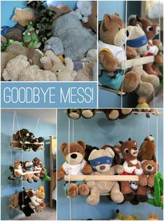 several pictures of stuffed animals hanging from the ceiling and in front of an instagram page