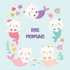 cute little mermaids with cats and fish