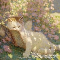 a painting of a cat laying on the ground reading a book with flowers in the background