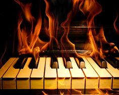 a piano with flames and the words jazz rock piano bar