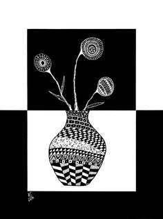 a black and white drawing of flowers in a vase