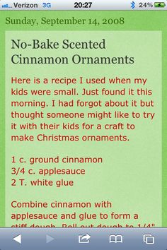 an iphone screen with the text'no bake sent cinnamon ornaments here is a recipe i used when my kids were smil