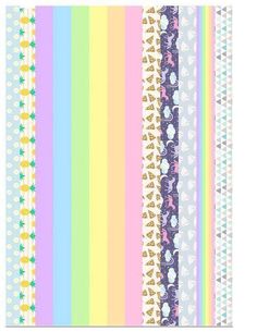 a rainbow striped background with animals and flowers on the bottom, in pastel colors