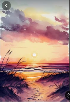 a painting of a sunset on the beach with clouds in the sky and grass blowing in the foreground