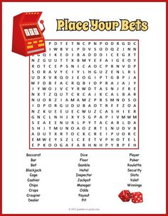 a word search page with dices on it and the words place your bet's