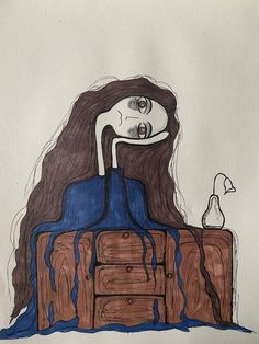 a drawing of a woman sitting on top of a wooden table next to a bird