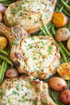 chicken, potatoes and green beans on a sheet pan