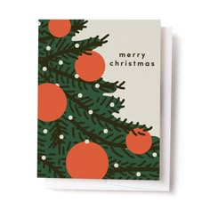 a christmas card with an orange bauble tree on it's front and bottom