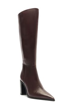 A pointy toe and stacked block heel balance a rich leather boot shaped in a knee-high silhouette for timeless appeal. 3 1/4" heel 14 3/4" shaft; 15 3/4" calf circumference Side zip closure with elastic gore inset Leather upper, lining and sole Made in Brazil Pointy Knee High Boots, Knee High Pointed Toe Boots, Girls Fall Fashion, Pointy Heels, Fall Wardrobe Essentials, Brown Fits, Pointed Toe Boots, Sneaker Slippers, Wedding Guest Shoes