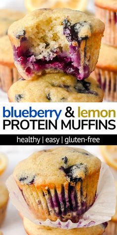 blueberry and lemon muffins stacked on top of each other with the title overlay