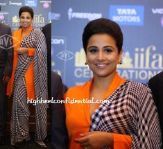 Ms. Balan is currently in the States promoting the upcoming IIFA Awards in various cities. Her first stop was a press meet in NY to which she wore a Satya Paul printed sari with an orange long jacket blouse with earrings from the Manish Arora for Amrapali collection. Saree With Long Jacket, Boat Neck Blouse Pattern, Satya Paul, Saree Styling, Saree Blouse Styles, Vidya Balan, Saree Draping Styles