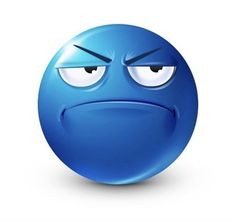 an emoticive blue smiley face with two eyes and one frown on it's face