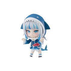 an anime character figurine with blue eyes and white hair, wearing a blue outfit