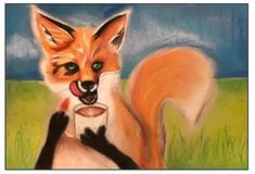 a painting of a fox holding a cup in it's mouth and looking at the camera