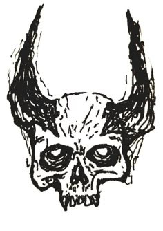 a black and white drawing of a demon skull with horns on it's head