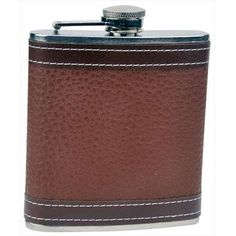 a brown leather flask with white stitching on the side and a silver top