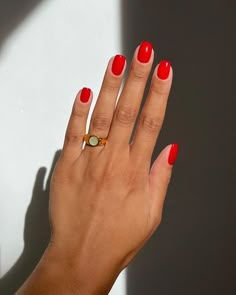 Red Shirt Gel Nails, Short Red Arclyc Nail, Bright Red Nails On Brown Skin, Red Rounded Square Nails, Short Red Orange Nails, Bright Red Nail Color, True Red Nails, Bright Red Square Nails, Fire Engine Red Nails