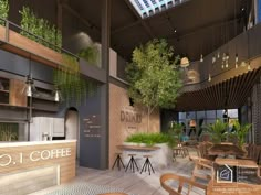 the inside of a coffee shop with tables and chairs, potted plants on the wall