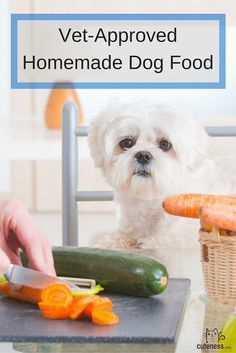 a small white dog standing in front of a cutting board with carrots and cucumbers