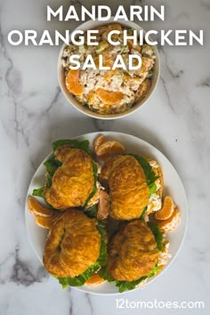 mandarin orange chicken salad on a plate with croissants next to it and the title overlay reads mandarin orange chicken salad