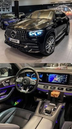 the inside and outside of a car showroom with two different cars parked in front of each other