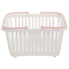 a white plastic basket with pink handles on a white background, it is also used for storage