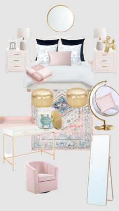 a bedroom with pink, gold and white accessories on the bed in front of a mirror