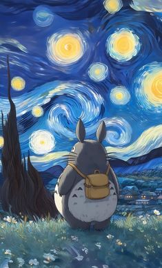 a painting of a cartoon character sitting in front of a starry sky with stars