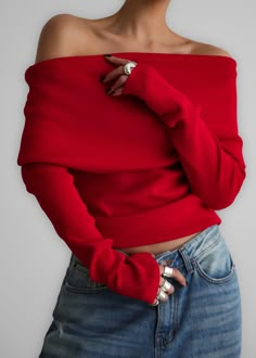 Lizzie Off The Shoulder Top - Red Solid Off-shoulder Winter Top, Elegant Red Knit Top, Fitted Off-shoulder Sweater, Casual One-shoulder Winter Top, Red Off-shoulder Tops For Fall, Fitted Knit Off-shoulder Top, Fall Season Red Off-shoulder Tops, Fall Off-shoulder Red Tops, Red Fitted Off-shoulder Top