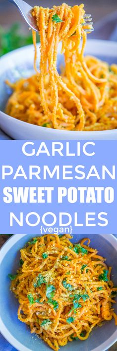 garlic parmesan sweet potato noodle noodles in a white bowl with a fork