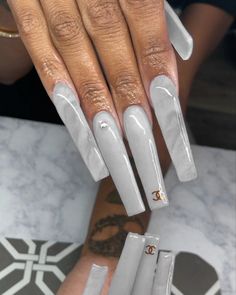 Square Acrylic Nails Gray, Grey Nail Ideas Acrylic Long, Grey Nails Square Long, Grey Nails Coffin Long, Long Square Acrylic Nails Gray, Insta Baddie Nails Acrylic, Grey Acrylic Nails, Purple Acrylic Nails, Fall Acrylic Nails