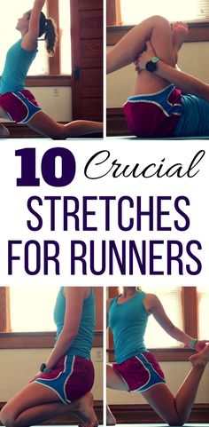 the woman is doing exercises on her knees and back, with text overlay that reads 10 crucial stretches for runners