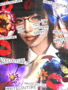 a woman with glasses and flowers in her hair is surrounded by words written on her face