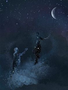 two people standing in the water at night