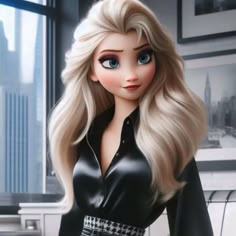 an animated image of a woman with blonde hair and blue eyes wearing a black dress