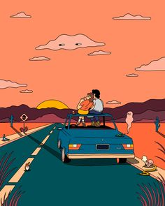 two people riding in the back of a blue car on a desert road at sunset