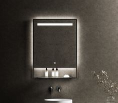 a bathroom with a sink, mirror and lights on the wall next to a vase filled with flowers