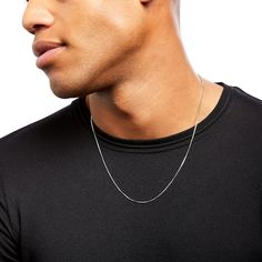 With exquisite simplicity, this men's box chain necklace from the Made in Italy Collection is a slim and versatile style that perfects your everyday look with ease. Fashioned in 14K white gold This 0.8mm-wide box chain adds a touch of shimmer and shine to your attire. Wear it alone for a minimalist look or layered with your other favorite chains, necklaces and pendants This necklace adjusts up to 22.0 inches in length with a sliding bead extender and secures with a lobster claw clasp. Box Chain Necklace, Shimmer And Shine, White Gold Necklaces, Chains Necklaces, Box Chain, Versatile Style, White Metal, Necklace Designs, Lobster Claw