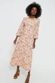 Saffron Floral Sophia Maxi Dress | Hyacinth House Bohemian Floral Dress For Garden Party With Ruffle Hem, Feminine Boho Print Maxi Dress, Feminine Boho Print Dress For Garden Party, Bohemian Midi Dress With Floral Print For Daywear, Bohemian Floral Dress For Daywear, Bohemian Orange Midi Dress For Garden Party, Heels For A Wedding, Elegant Entrance, Sophia Dress