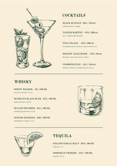 the cocktail menu is shown in black and white, with different types of drinks on it