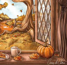 a painting of an open window with fall leaves and pumpkins on the ground next to it