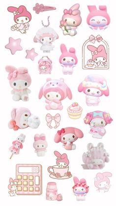 hello kitty stickers are shown in pink and white colors, with various items on them