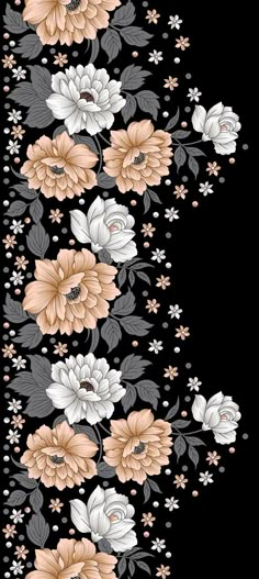 a black background with white and pink flowers on the bottom right corner is an image of three rows of different colored flowers