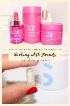 a hand holding a pink bottle and some other items in front of the words advice for small content creators on working with brands